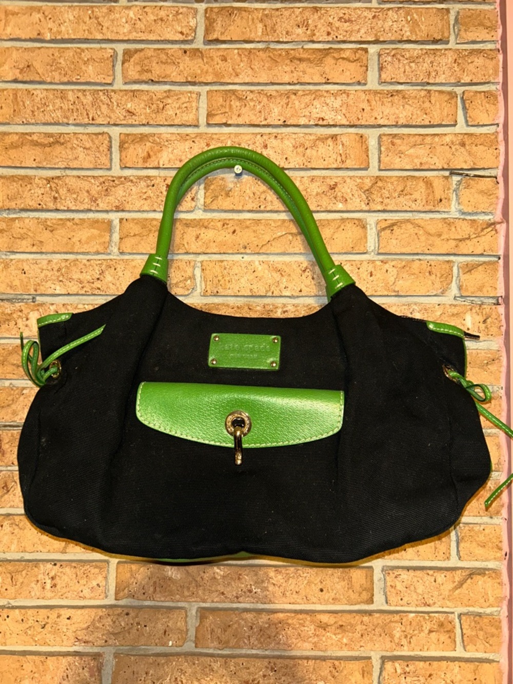 Vintage Kate Spade Black and Green Canvas Tote Handbag with Front Pocket